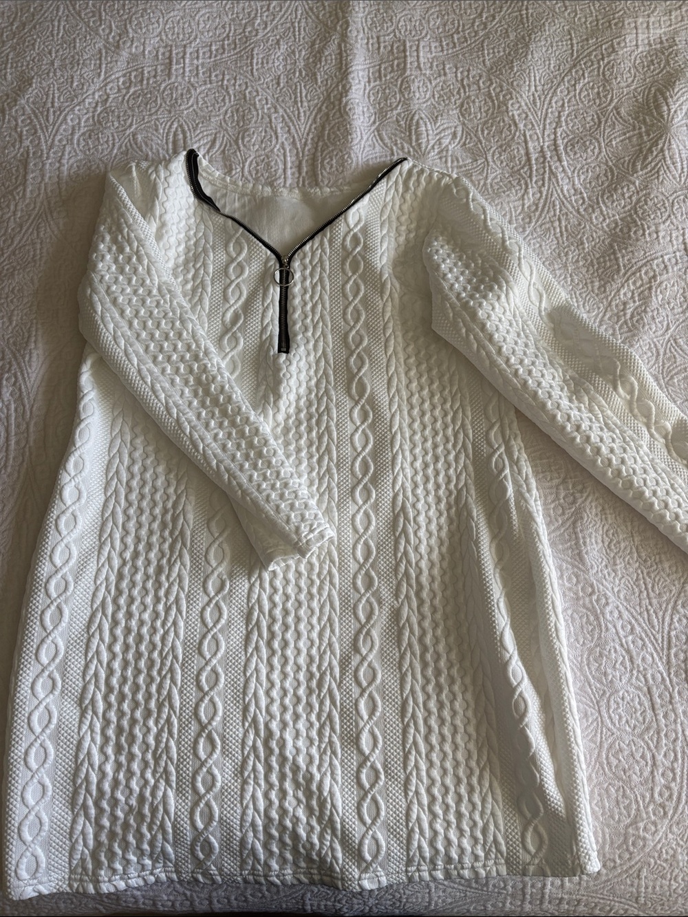 Women's White Cable-Knit Long Sweater with Zip Detail